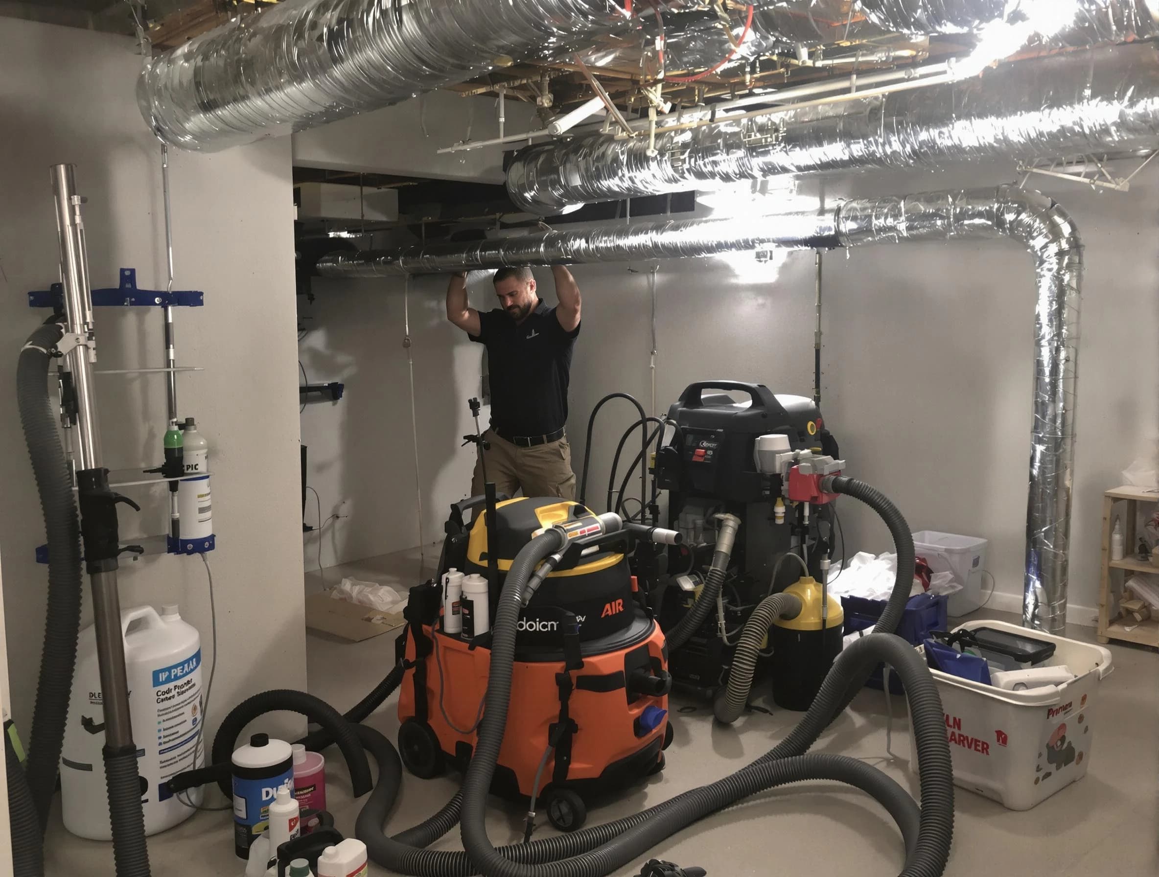 Spencer Air Duct Cleaning specialist performing professional mold removal from air ducts using safety equipment in Spencer
